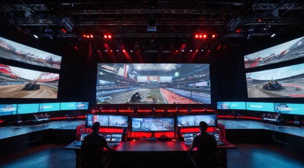 电竞赛事现场舞台，大屏幕显示比赛画面，选手在比赛席专注操作