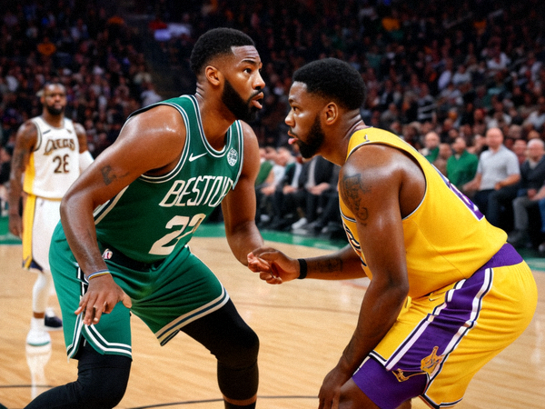 NBA常规赛湖人与凯尔特人比赛的球场对抗瞬间